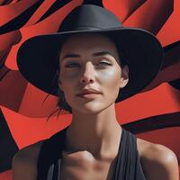 Fashion model wearing black hat posing on red background photo