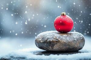 Red christmas ball balancing on snow covered rock during snowfall photo