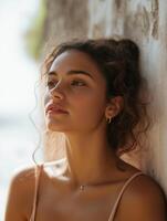 Young model posing with natural light by a wall photo
