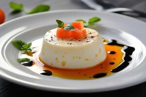Delicious panna cotta dessert garnished with papaya and basil photo