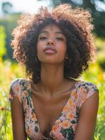 Young black woman posing in a field of flowers with sunlight on her face photo