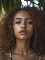 Young model posing under tropical leaves with lush curly hair photo