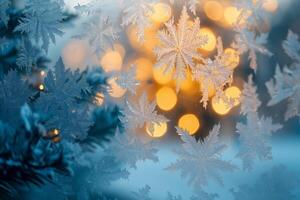 Frost forming beautiful patterns on window during winter with warm bokeh lights in background photo
