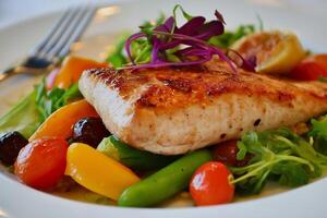 Grilled salmon fillet with colorful vegetables and microgreens photo