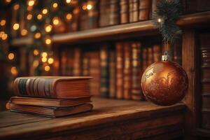 Christmas ball hanging in a quiet library with leather-bound books photo