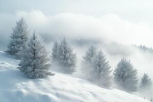 Frozen fir trees emerging from misty clouds on snowy mountain ridge photo
