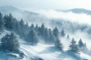 Fog rolling over snow covered pine trees on mountainside photo