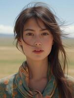 Mongolian woman posing in the desert steppe with windy hair photo