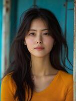 Korean woman posing in front of blue door photo