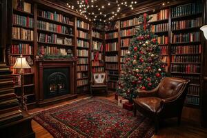 Christmas tree illuminating cozy library interior with fireplace photo