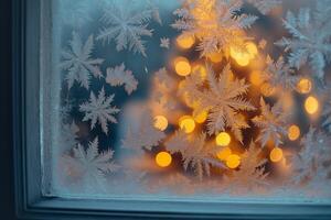 Frost covering window with christmas tree lights in background photo