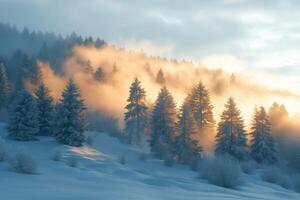Snowy mountain landscape with fog covering forest at sunset photo