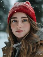 Young woman wearing red beanie in snowy forest photo