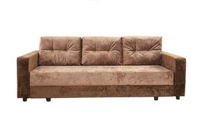 Brown sofa with velor fabric pillows isolated on a white background. Cushioned furniture. photo