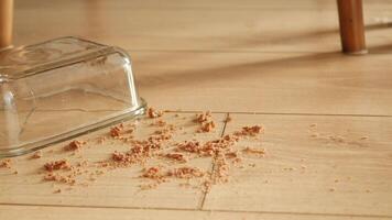 A Spill of Food Caused a Mess on the Wooden Floor with a Glass Container video