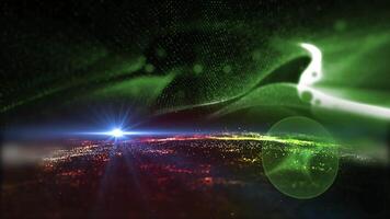 A landscape of a futuristic planet sparkling with magical lights with fantastic clouds of moving lines. video