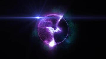 Violet sphere of smoky particles and sparkling neon wavy lines. video