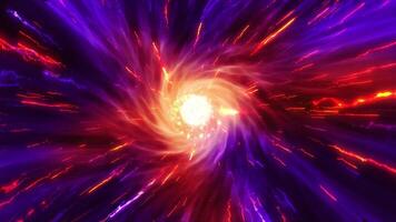 The cosmic plasma tunnel disperses streams of red and violet energy matter. Golden molten streams fly out of it. video