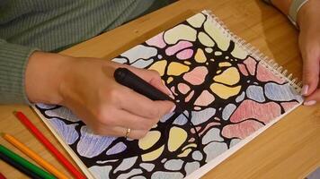 Artist sketching colorful abstract patterns in notebook with black marker video