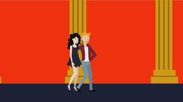 A cartoon couple standing in front of a red background video