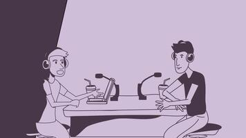 Two people sitting at a table with headphones on video