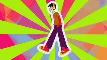A cartoon character walking on a colorful background video