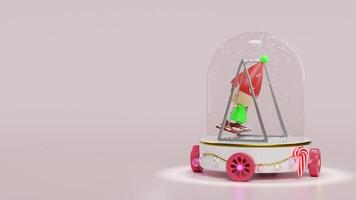 3d Elf sitting swing in snow globe with decorated podium on wheels isolated on pink background. merry christmas, festive new year concept, 3d render illustration video