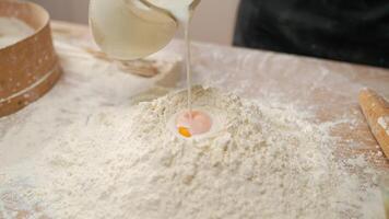 A person pouring milk into a bowl of flour video