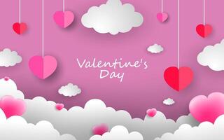 Happy Valentine's Day background, beautiful paper cut clouds with 3d red hearts in the background. vector