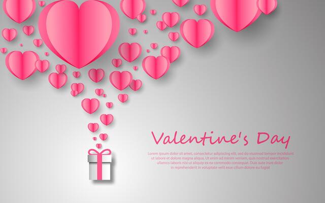 Valentine's Day postcard with flying elements and gift boxes