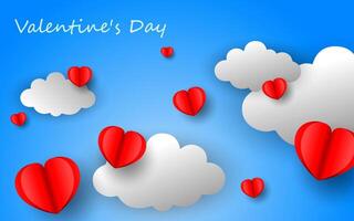 Floating paper hearts on clouds background for valentines day vector