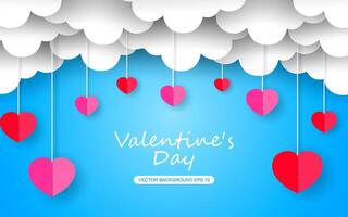 Valentines day greeting background in paper cut realistic style. Paper clouds, flying realistic hearts on a string. vector