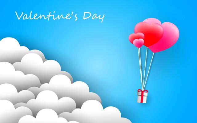 illustration of love and valentines day with heart balloons floating in the sky.