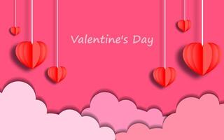 Valentines day greeting background in paper cut realistic style. Paper clouds, flying realistic hearts on a string. vector