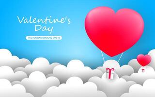 heart shaped balloons on flying paper art style background. vector