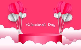 Happy Valentine's Day background, beautiful paper cut clouds with 3d red hearts in the background. vector
