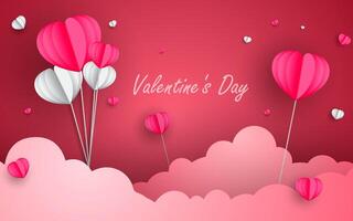 Valentines day greeting background in paper cut realistic style. Paper clouds, flying realistic hearts on a string. vector