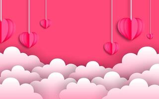 Floating paper hearts on clouds background for valentines day vector