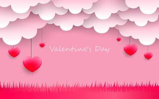 Valentines day greeting background in paper cut realistic style. Paper clouds, flying realistic hearts on a string. vector