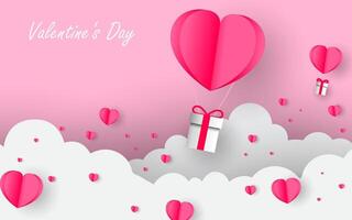 Gift box with heart balloons floating in the sky, Happy Valentine's Day banner. vector