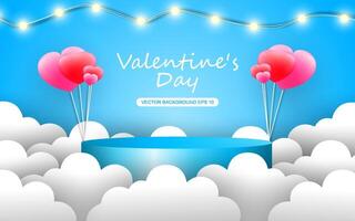 Happy Valentine's day sale background. Podium products in clouds with background. vector