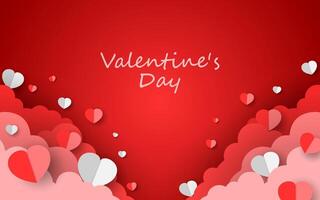Happy Valentine's Day background, beautiful paper cut clouds with 3d red hearts in the background. vector