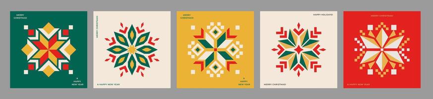 Set of modern Christmas cards in the style of geometric ornaments. Abstract Scandinavian design with festive motifs snowflakes, Christmas tree stars, and winter elements. Ideal for Christmas decor. vector