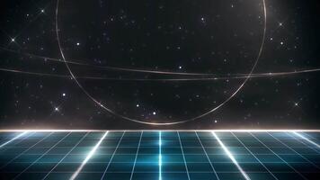 Retro style 80s-90s futuristic grid wireframe cyberpunk. Digital landscape neon laser pattern background. Dark tone video