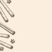 Card with engraved Cinnamon sticks for text. Background with bark brown spiced rolled cinnamons. Spicy seasoning, condiment aromatic ingredient for cooking, bakery. Design for label, logo, sign vector