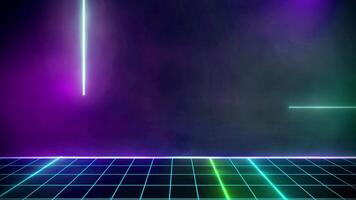 Retrowave style 80s-90s futuristic grid wireframe backdrop cyberpunk. Digital landscape neon retro party laser pattern background. video