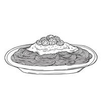 Italian pasta. Spaghetti on plate. Hand drawn design element for menu. Outline, ink. vector