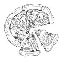 Pizza hand drawn sketch. Black and white art line illustration isolated on white background. vector