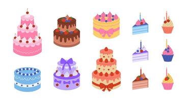 Set with colorful birthday cakes, cake slices and cupcakes with candles. Holiday desserts for anniversary, party. Festive confectionery. Flat illustration isolated on white background vector