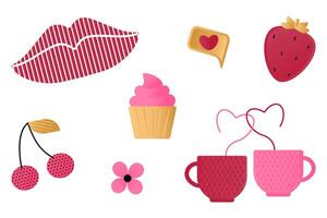 Set of elements with romantic symbols - lips, cupcake, flower, cherry, strawberry, SMS, cups with hearts. vector